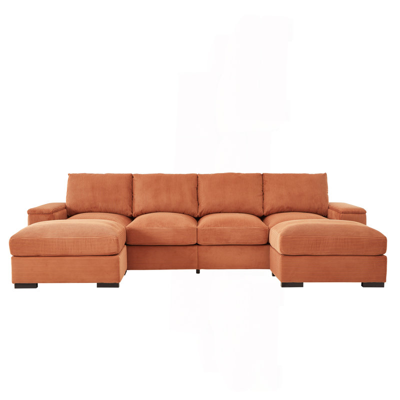 Sectional Sofa Deep Seat Sofa Couch With Ottomans, Orange Corduroy