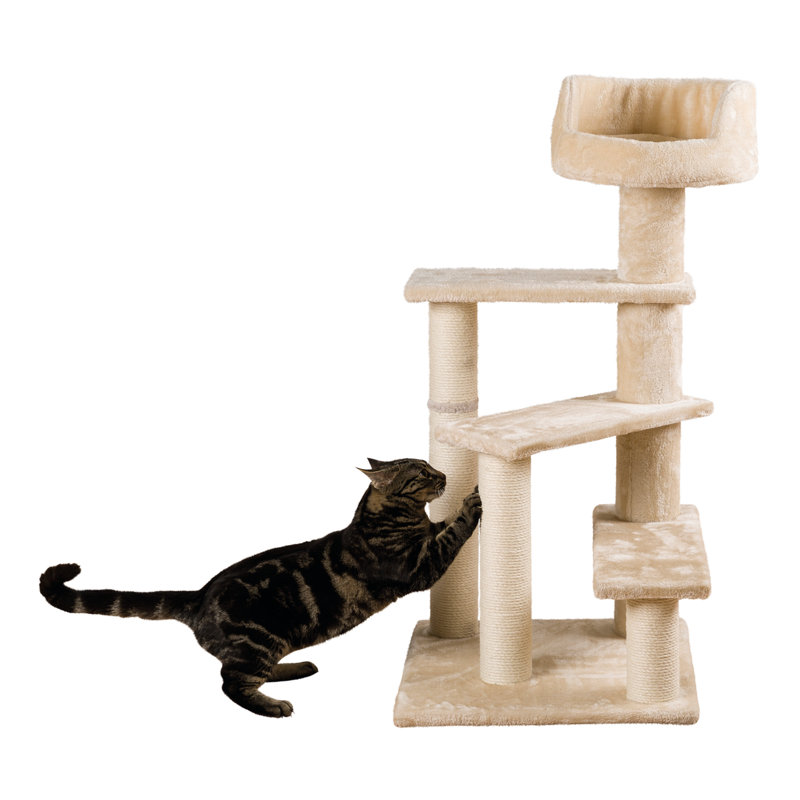 Beige Plush and Sisal 4-Level Cat Tree with Bed