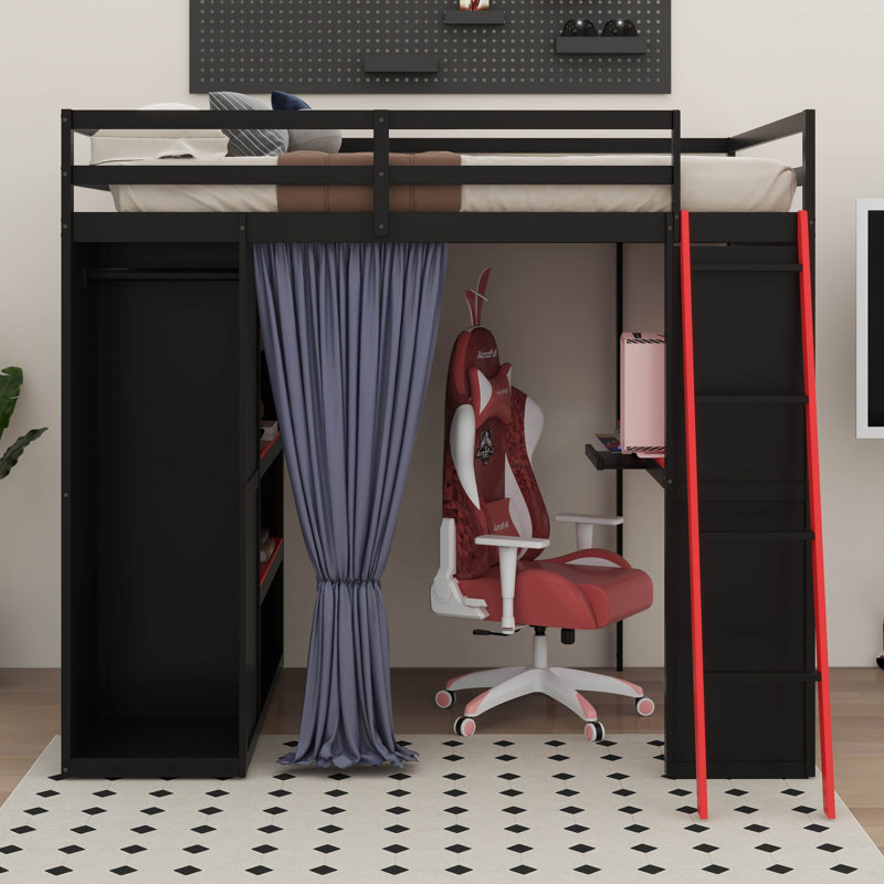 Full Size Loft Bed With Desk And 6 Storage Shelves, Wardrobe, Blackout Curtain, Black/Red