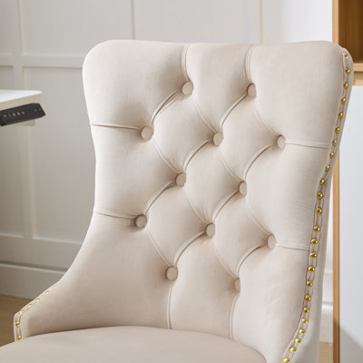 Fauteuil de bureau Furniture, fauteuil de bureau moderne capitonné en velours capitonné avec base en métal doré, chaise de bureau pivotante réglable (beige)