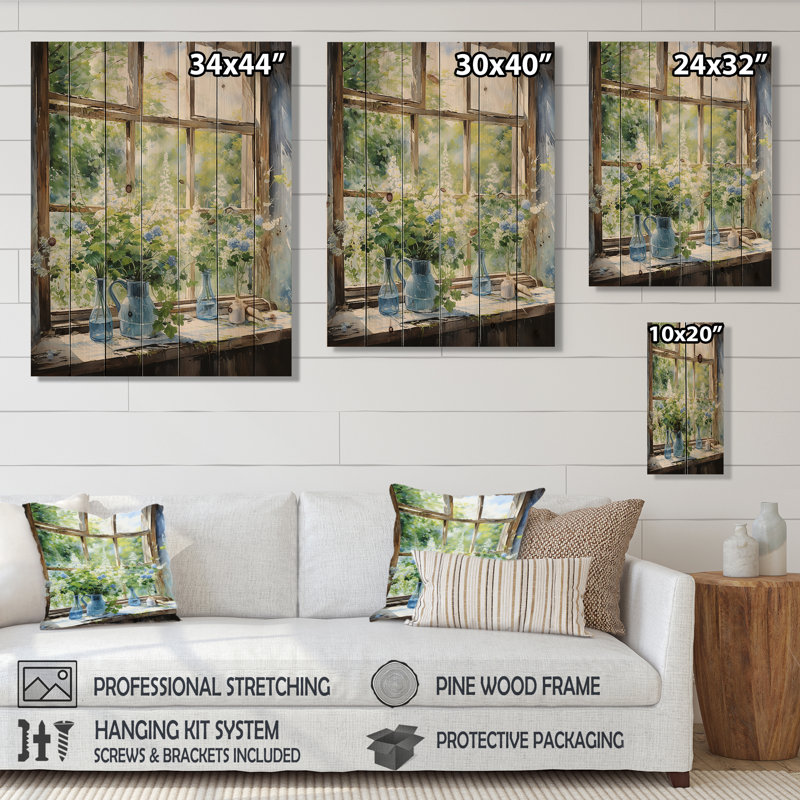 Green And Blue Countryside Window Charm III - Farmhouse Windows  On Wood Print, 20" H x 10" W