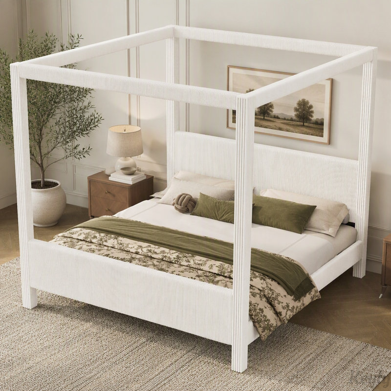 Lit plateforme capitonné avec revêtement en velours côtelé, King, Beige