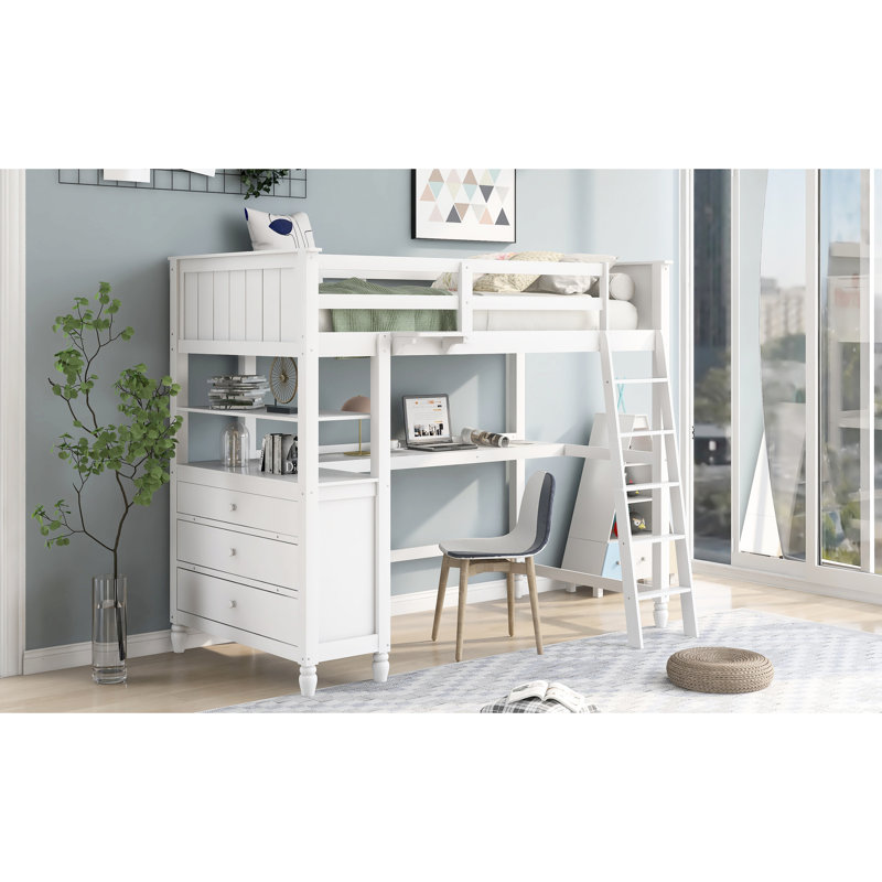 Lit mezzanine simple avec bureau et rangement en blanc