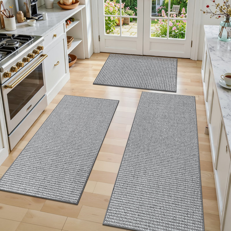 Wear-resistant Non-slip Kitchen Mat Runner (Set of 3), Gray/White