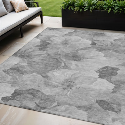 5' X 8' Gray And Charcoal Floral Washable Indoor Outdoor Area Rug