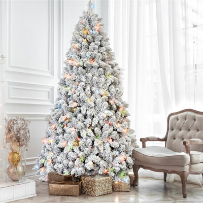 Arbre de Noël enneigé 7 pi avec 500 lumières UL colorées et 45 pommes de pin naturelles - 1124 pointes en PVC enneigées, branches articulées, support en métal stable, installation facile