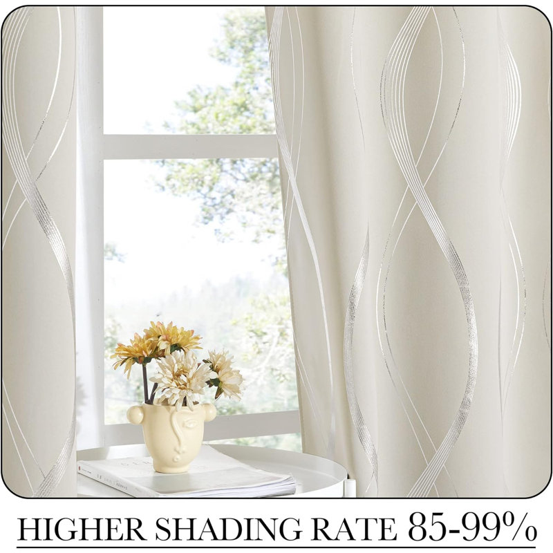 Blackout Striped Pattern Curtains, Window Treatment Thermal Insulated Solid Grommet Blackout Wave Line Foil Print Design Curtains for Living Room (Set of 2, 52 by 63 Inch, Beige)