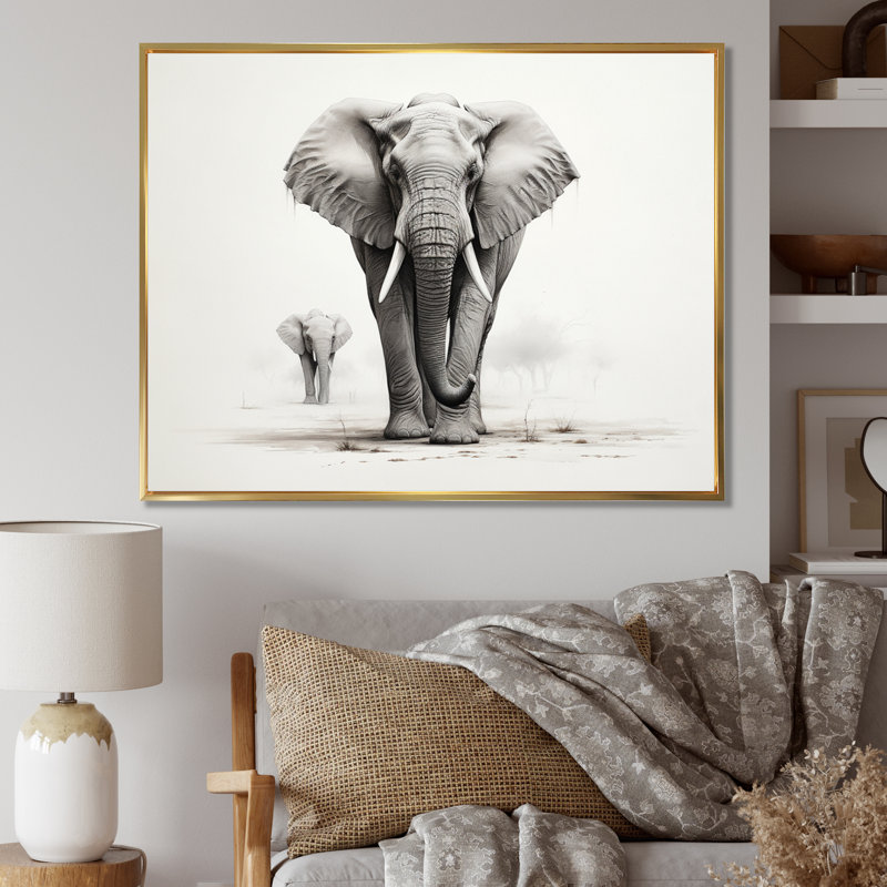 «Black and White Elephant Embrace of Force III», reproduction sur toile, H 16 po x l 32 po x P 1 po, Cadre flottant doré