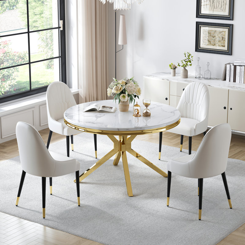  46.85"Faux Marble Top Stainless Steel Base Dining Table Set, White/Gold, White/Gold