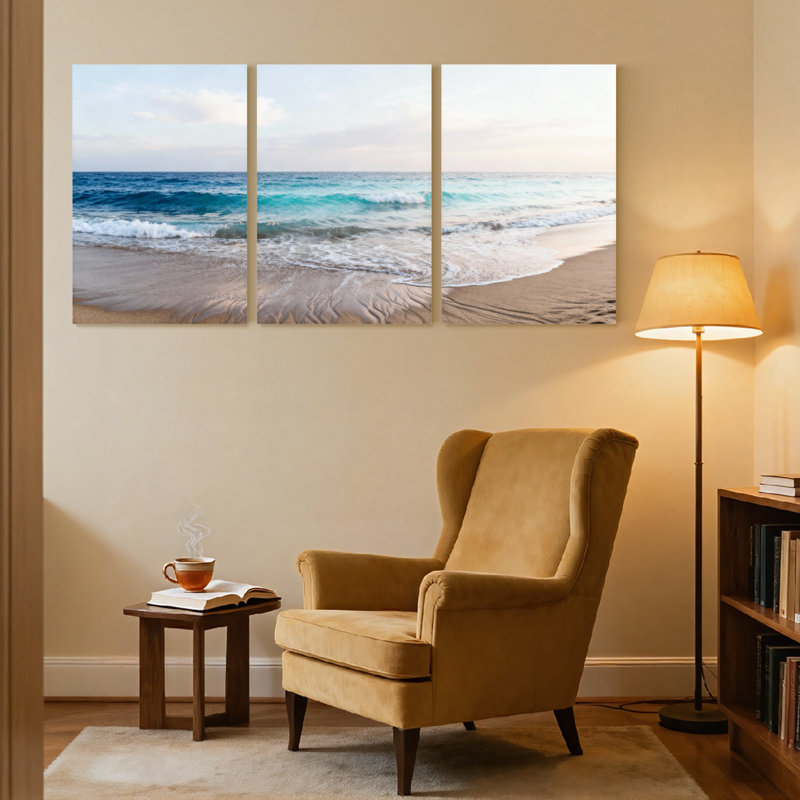 Plage, océan, vagues, plage, ciel, sable, coucher de soleil, horizon, eau, ensemble de 3 impressions sur toile