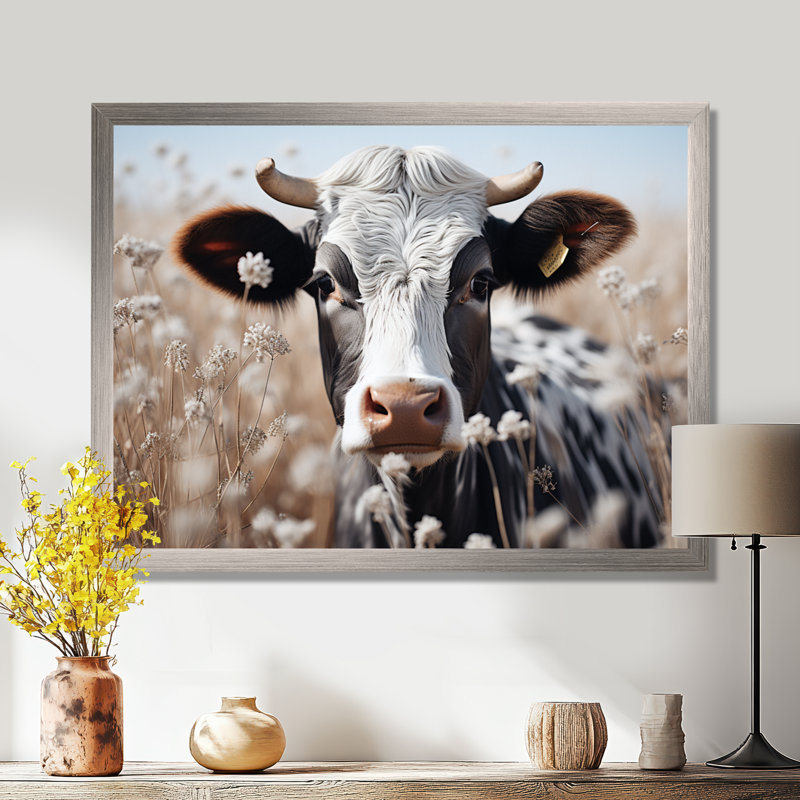 Vache fleur pâturée, reproduction d'art sur toile, H 12 po x l 20 po x P 1 po, Cadre photo argenté