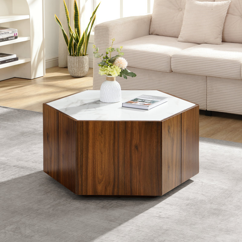 Table basse hexagonale rustique rétro en bois, avec 2 tiroirs cachés, plateau en marbre blanc texturé - finition chêne Walunt