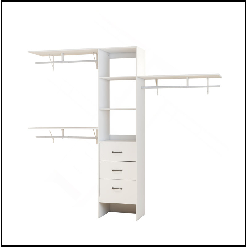 Système d'organisation 96 po, rangement pour garde-robe 8 pi avec 3 tablettes réglables, 3 tringles extensibles et 3 tiroirs, porte-vêtements intégré, L 96 po x l 16 po x H 82 po