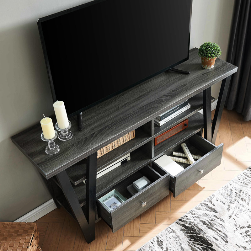 Grand meuble télé 2 tiroirs et 2 tablettes, gris noir, avec rangement 60 po et 69 po