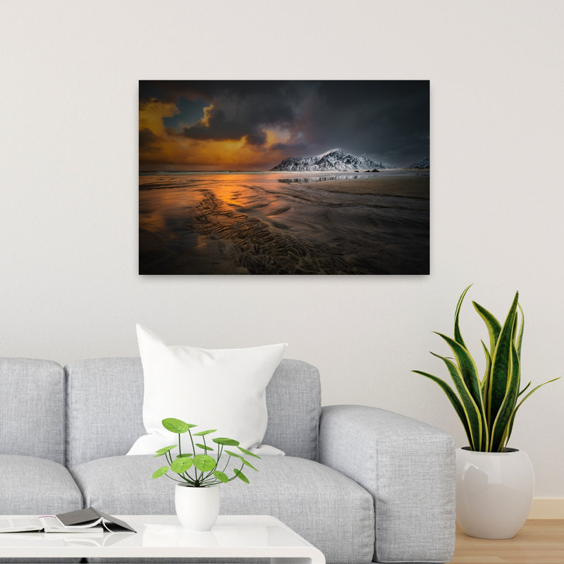 «Snowy Beach Sunset», art dramatique abstrait côtier, H 36 po x l 24 po