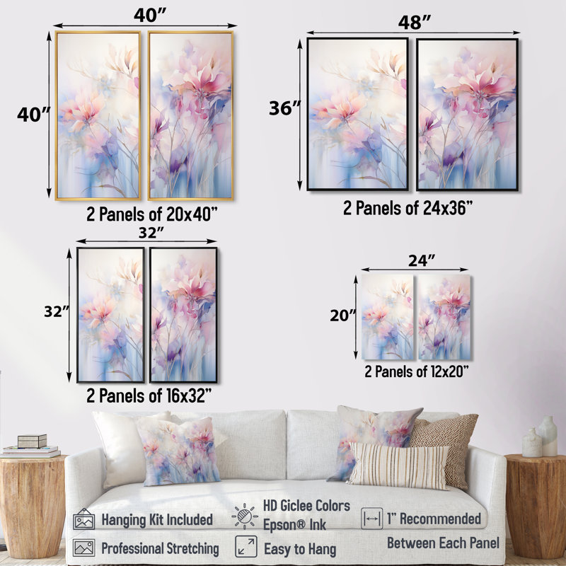«Mauve Dreamy Florals II», art mural abstrait botanique 2 pièces, H 40 po x l 40 po, Impression encadrée flottante, Blanc