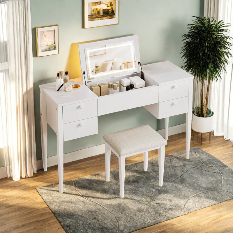 Ensemble de coiffeuse avec miroir à couvercle rabattable et 5 tiroirs, ensemble de meuble-lavabo avec chaise 47 po, Blanc