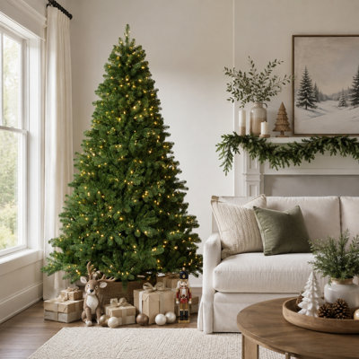 5.5-7.5ft Green Pre‑lit Artificial Christmas Tree, Warm White LED Lights, Premium PVC Realistic full Branches, Sturdy Stand, Easy Assembly, Indoor Christmas Holiday Home Decor