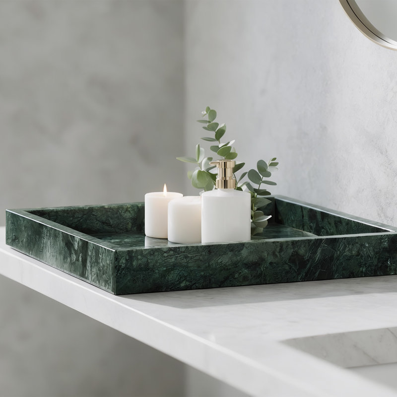 Plateau de coiffeuse en marbre naturel véritable, plateau de rangement décoratif en pierre vert foncé pour le rangement de la salle de bain, de la cuisine, de la commode et du comptoir
