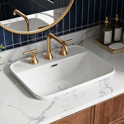 Los Flexi Glossy White Semi Recessed Bowl Sink 20" x 16" with Overflow, 8-Inch Widespread Faucet Holes, Cutout Template Included