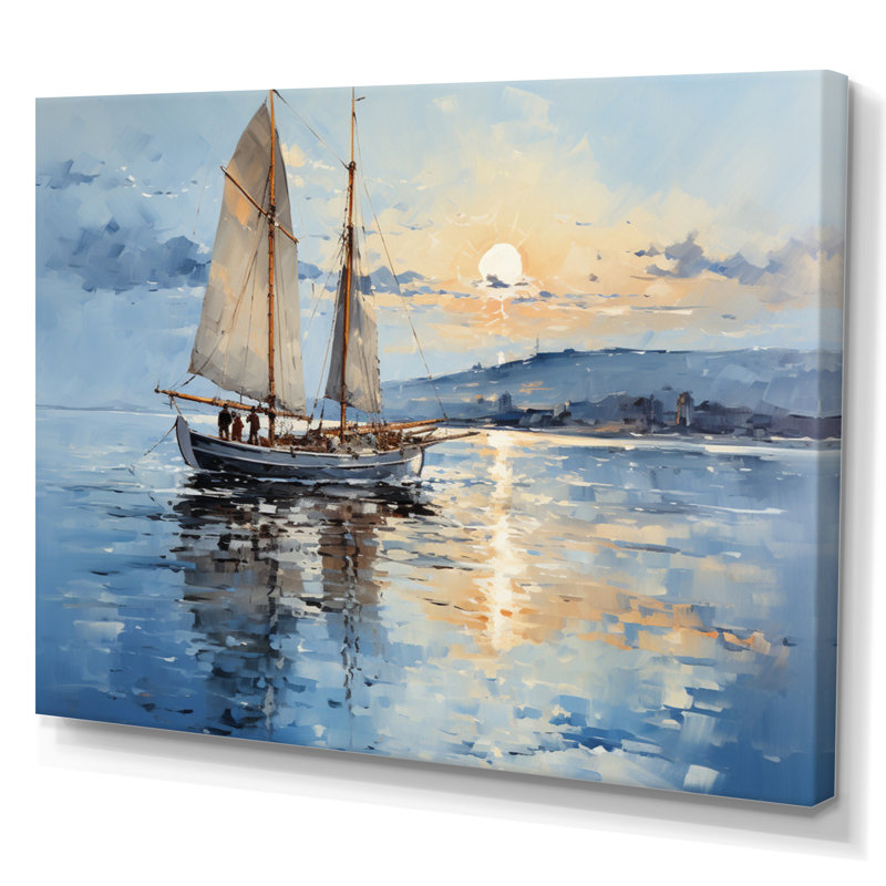 Bateau, voile, reflets I - art encadré de bateau côtier, H 24 po x l 32 po x P 1 po, Toile tendue