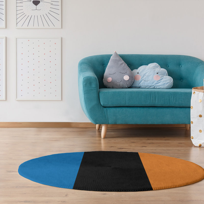 Tapis à rayures bleu/noir/orange, Rond 5 pi