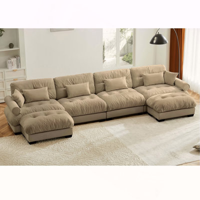 U Shaped Sectional Sofa Cloud Couch with Movable Ottomans,Convertible Deep 4 Seater Modern Velvet Comfy Upholstered Corner Couch with Blostered Armrests, Waist Pillow and Throw Pillows,Camel