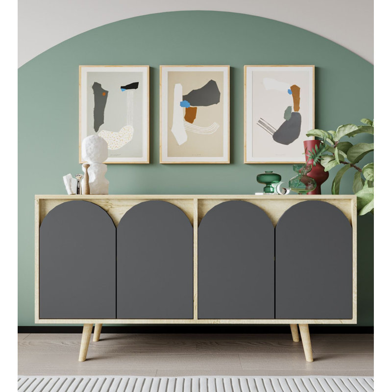 Lilliana Arched 4 Door Accent Sideboard With Wooden Legs, Sapphire Oak/Anthracite