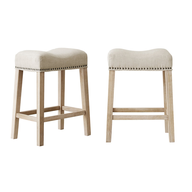 Set Of 2 Upholstered Backless Counter Stools, Contemporary Saddle Design Chairs, Tan