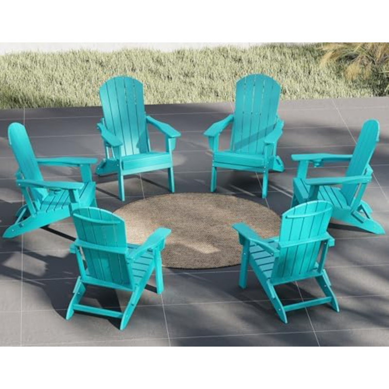 Folding Adirondack Chair Set Of 6 With Cup Holder，Wooden Textured ，Heavy All-Weather HDPE Comfortable Set Poolside Backyard Lawn, Aruba Blue
