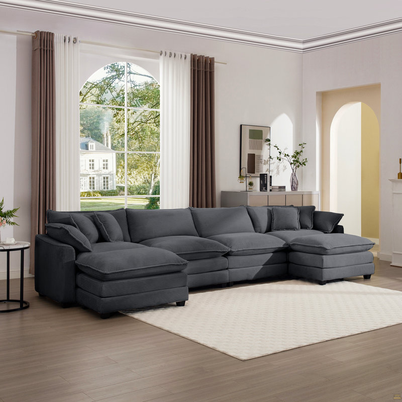Canapé en velours côtelé 4 places avec 3 repose-pieds Corduroy, H 33,85 po x l 149,6 po x P 34,25 po, 4, Gris