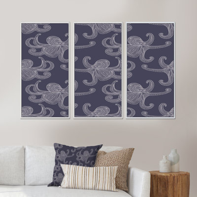 Pieuvre blanche sur fond bleu foncé - ensemble de 3 reproductions d'art encadrées sur toile