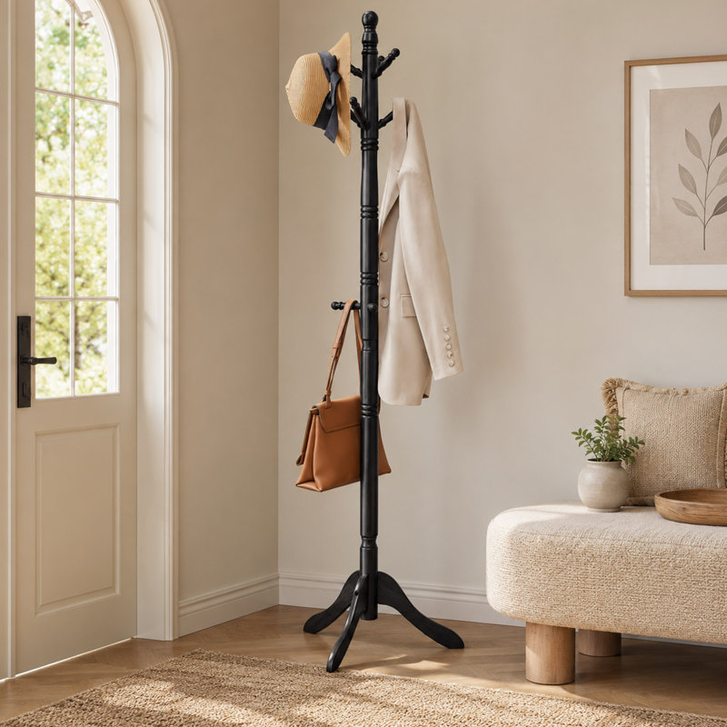Solid Wood Coat Rack, 10 Hooks, Black, Black