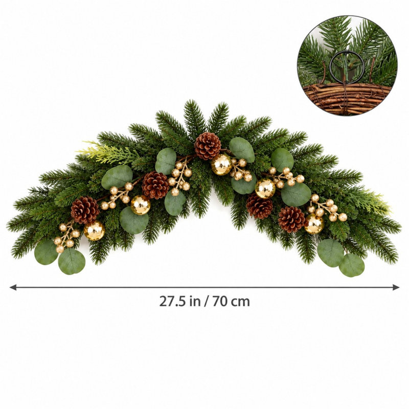 27.5" Christmas Evergreen Swag with Pine Cones, Golden Berries and Red Ornaments