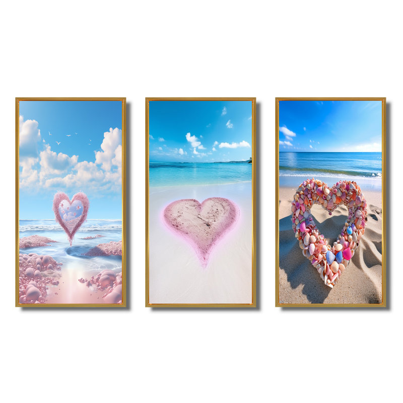 «Glorious Pink Heart On Tropical Beach I», 3 pièces sur toile, Cadre flottant doré, H 40 po x l 60 po