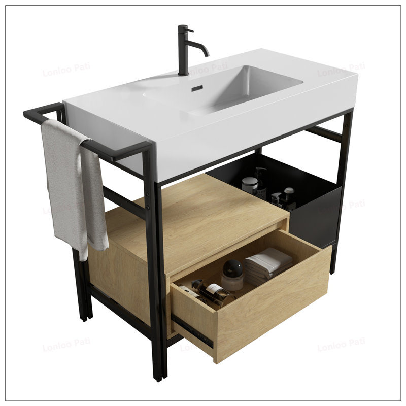 Meuble-lavabo 36 po avec lavabo en pierre artificielle et structure en métal, Blanc