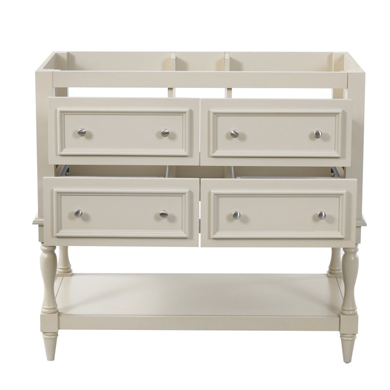 Armoire de salle de bain 36 po, ensemble de meuble-lavabo autoportant avec 4 tiroirs, structure en bois massif, beige, Beige