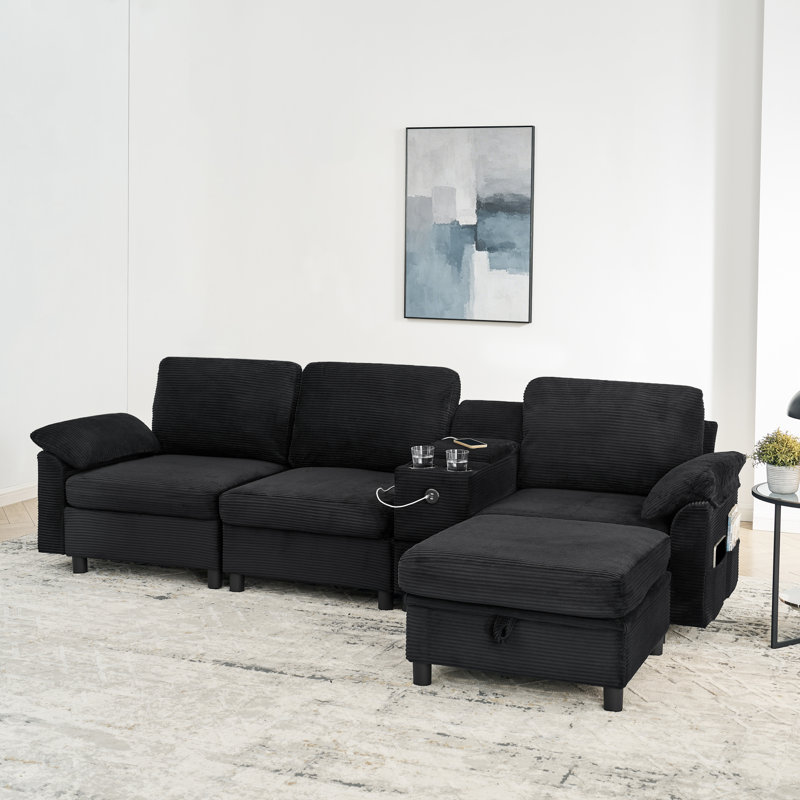 Canapé modulaire moderne avec rangement, structure en bois beige 108,5 po, maison familiale spacieuse, Noir