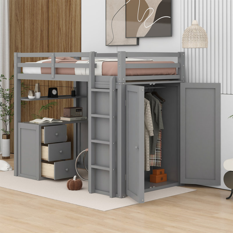 Javers Kids Twin Loft Bed with Drawers, Gray