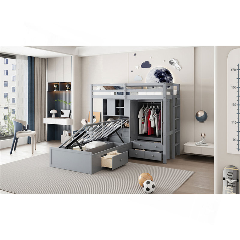 Twin Bunk Bed with Hydraulic Lift System, 6 Drawers, Gris
