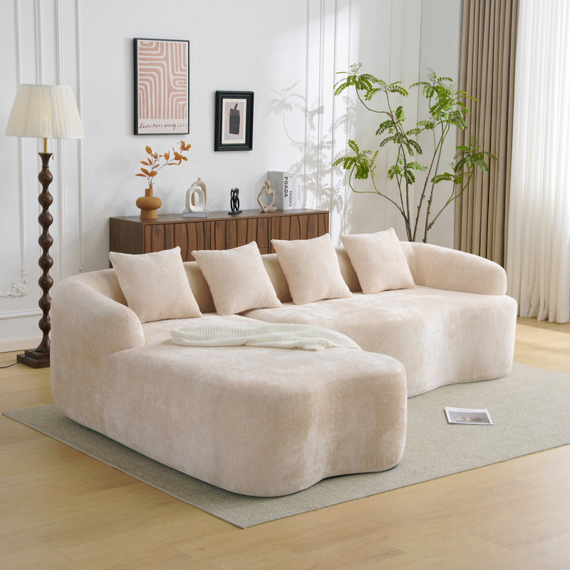 Canapé modulaire en L pleine compression avec méridienne courbée, canapé rembourré en chenille beige, haute densité, Beige