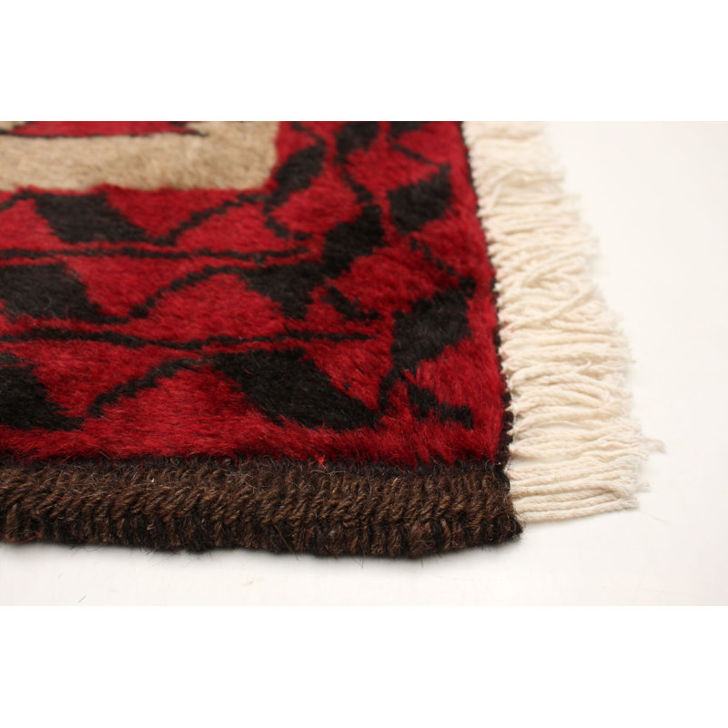 Tapis rouge en laine noué à la main de conception unique 2 pi 11 po x 5 pi 3 po New Age
