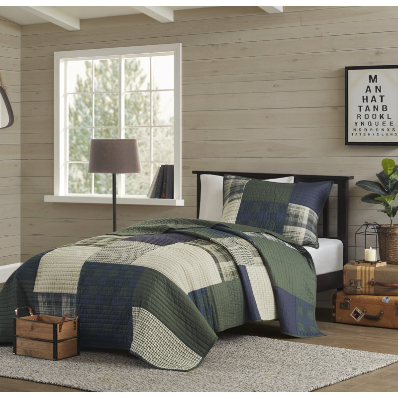 Navy and Green Cotton Patchwork Twin Quilt Set