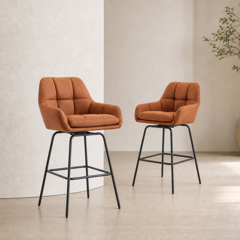 Balwant Upholstered Swivel Height Bar Stool with Metal Legs, Brown