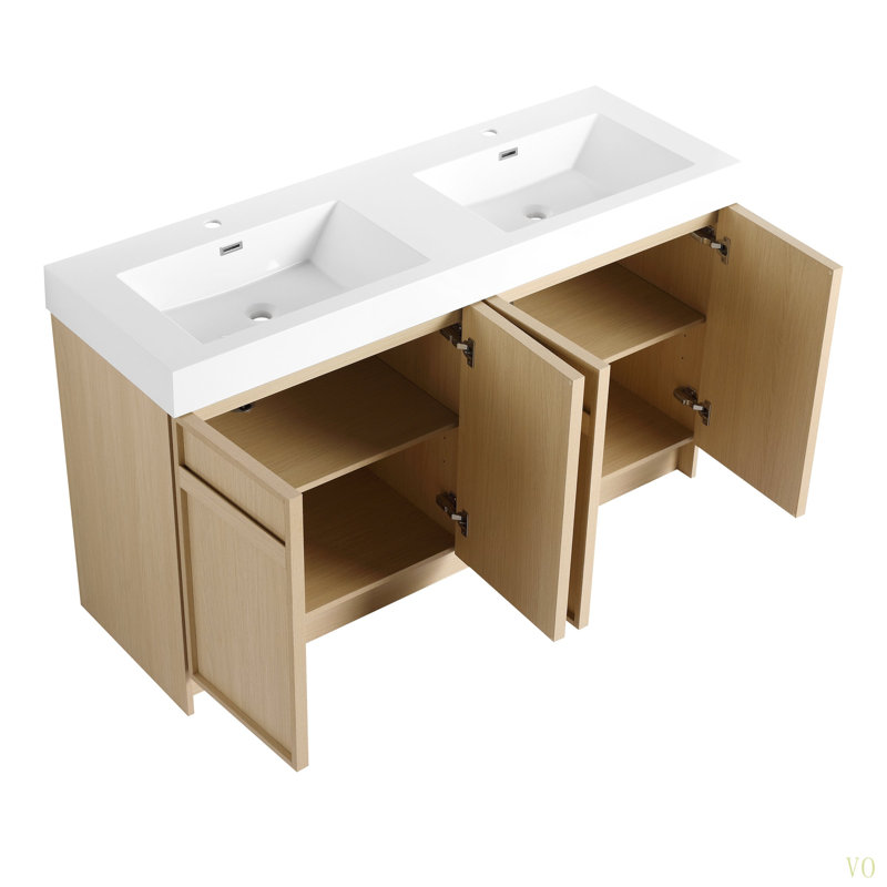 Meuble-lavabo autoportant de 60 po avec lavabo double en résine et 4 portes d'armoire à fermeture en douceur (KD-PACKING)