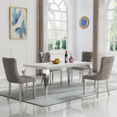 70" Luxury Faux Marble Dining Table Set, Modern Kitchen Table with Stainless Steel Pedestal, Modern Dining Room Table with Velvet Dining Chairs, Dinin
