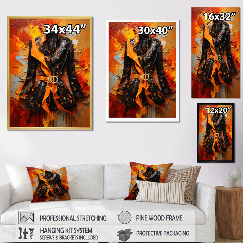 Glennet - robe sculptée orange et noire sur toile, H 20 po x l 12 po x P 1 po, Cadre flottant doré