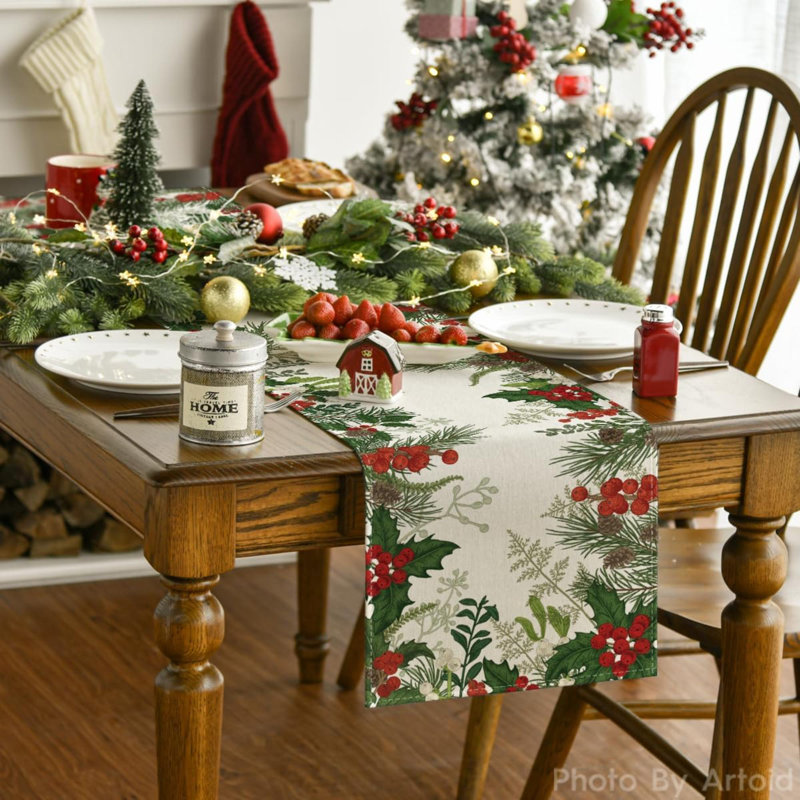 Holly Pine Cone Christmas Table Runner, Seasonal Winter Kitchen Dining Table Decoration For Home Party Decor 13X72 Inch