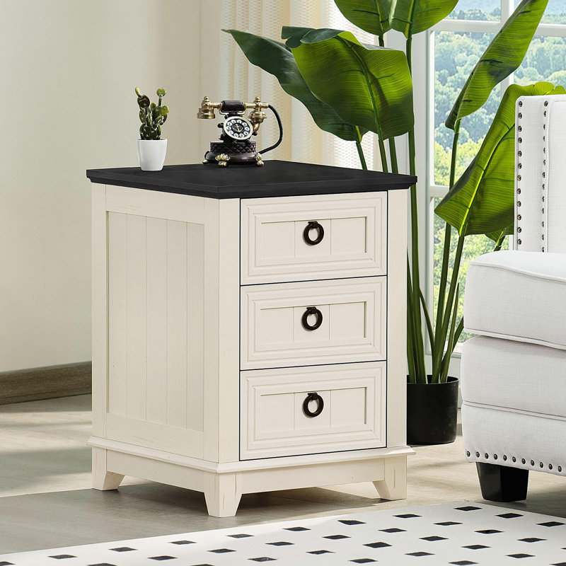 18" Farmhouse Night Stand with 3 Drawers, White