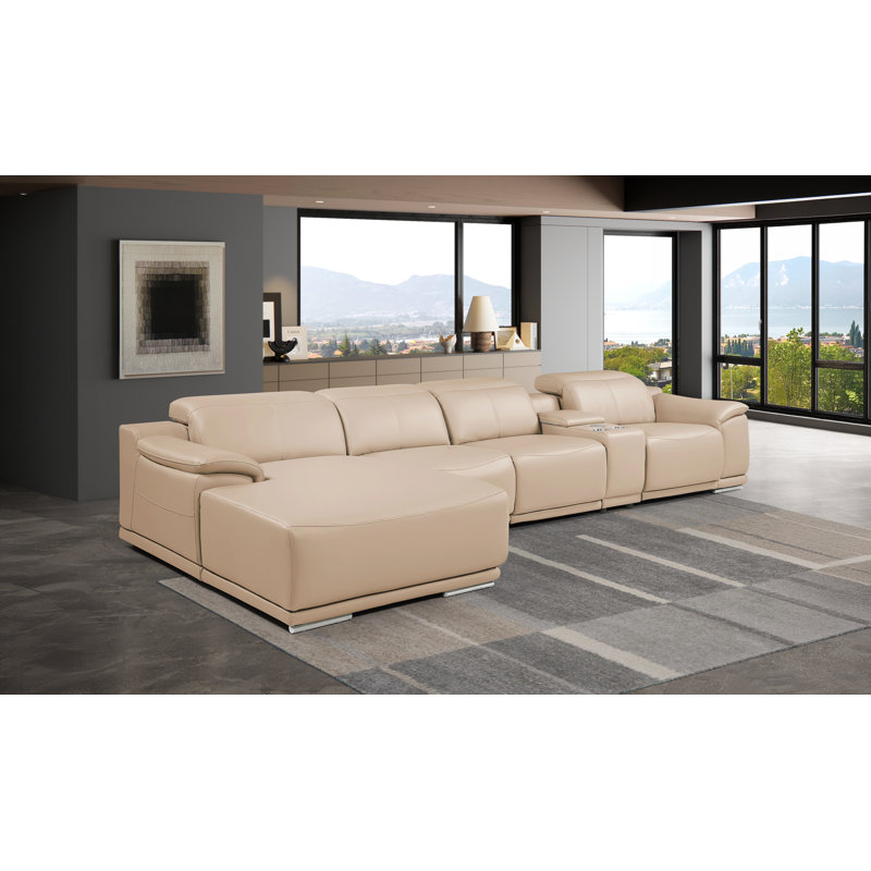 Canapé modulaire en L en cuir véritable 5 pièces beige avec 3 fauteuils inclinables électriques et appuis-tête réglables